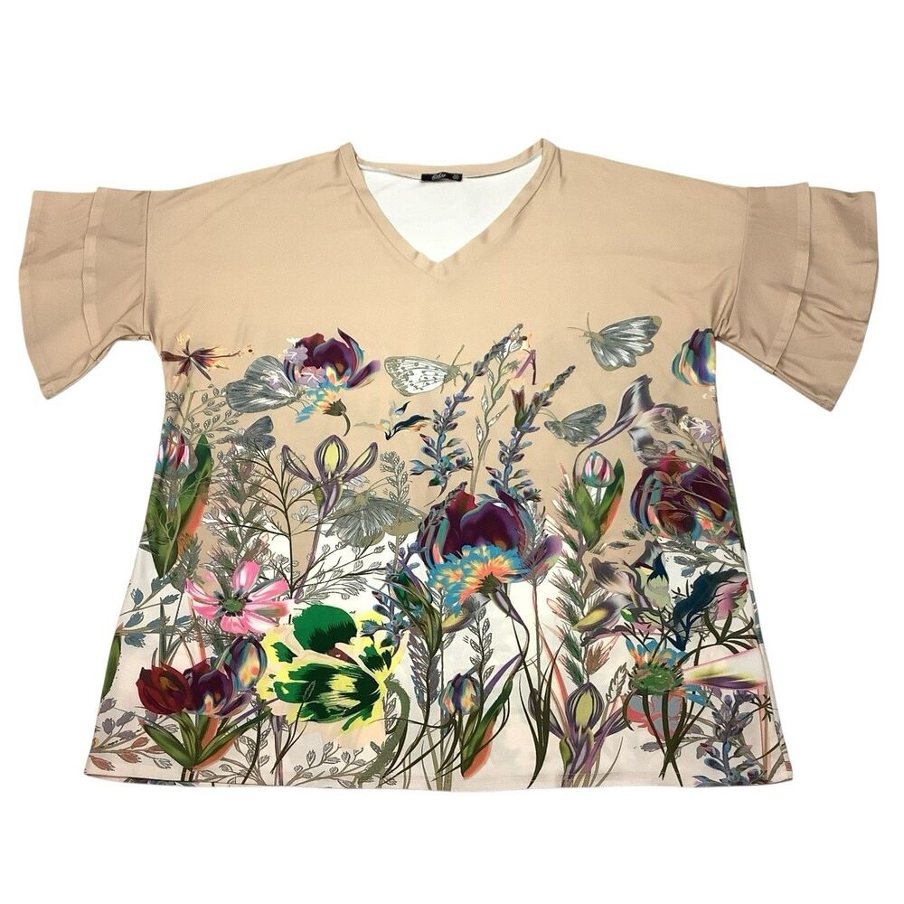 Lily by Firmiana Tan Floral Top Liquid Knit Jersey Women 4XL V-Neck Ruffle Sleev